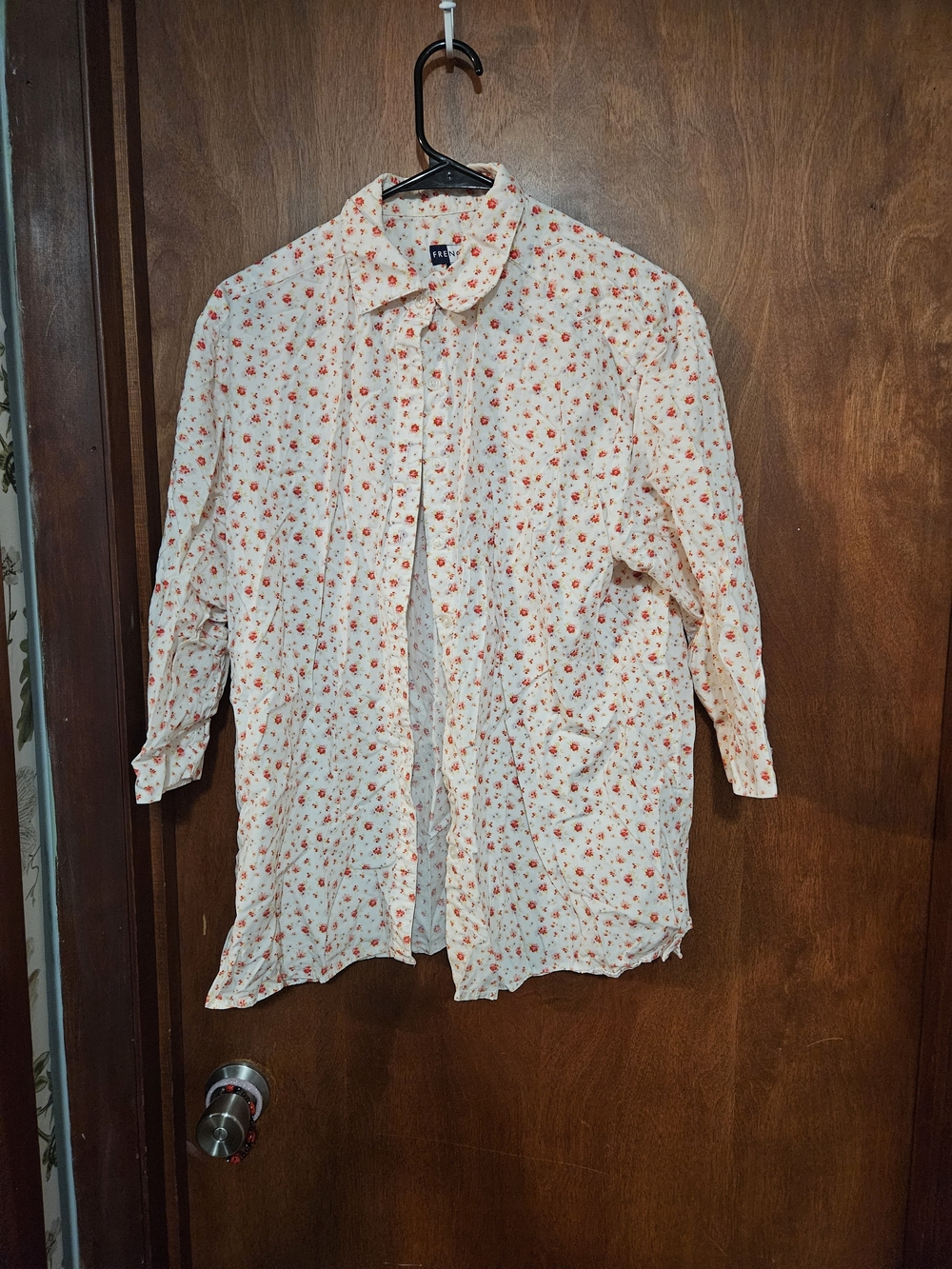 French Cuff Cream Button-Down Shirt with Small Red Floral Print